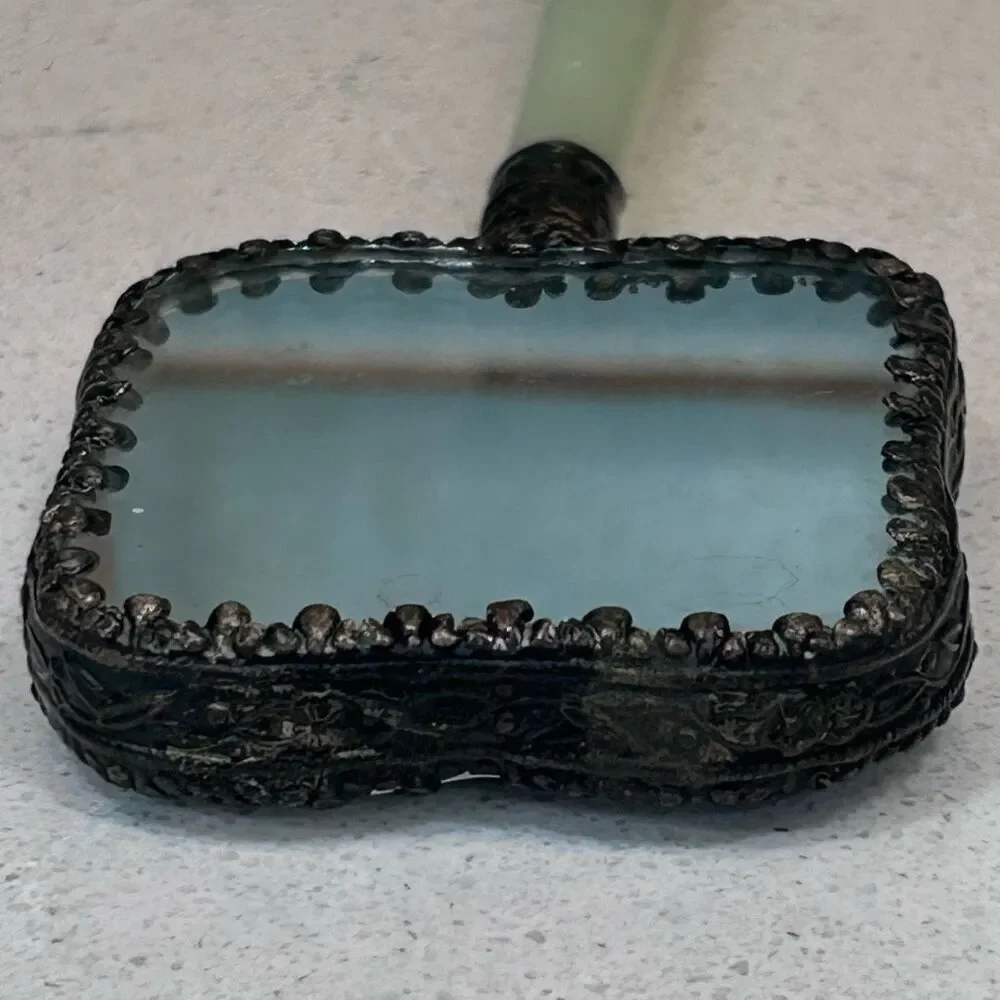Vtg Chinese Hand Mirror Rounded Corner Squircle W/ Jade Handle & Porcelain Back